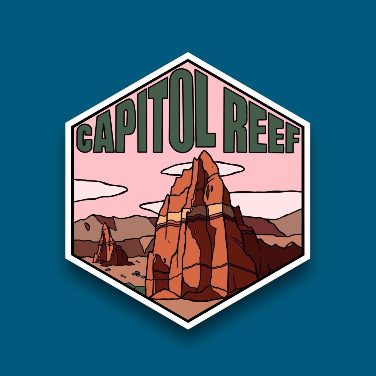 Capital Reef, Utah Pink Sky- Hexagon Sticker (Pack of 12)