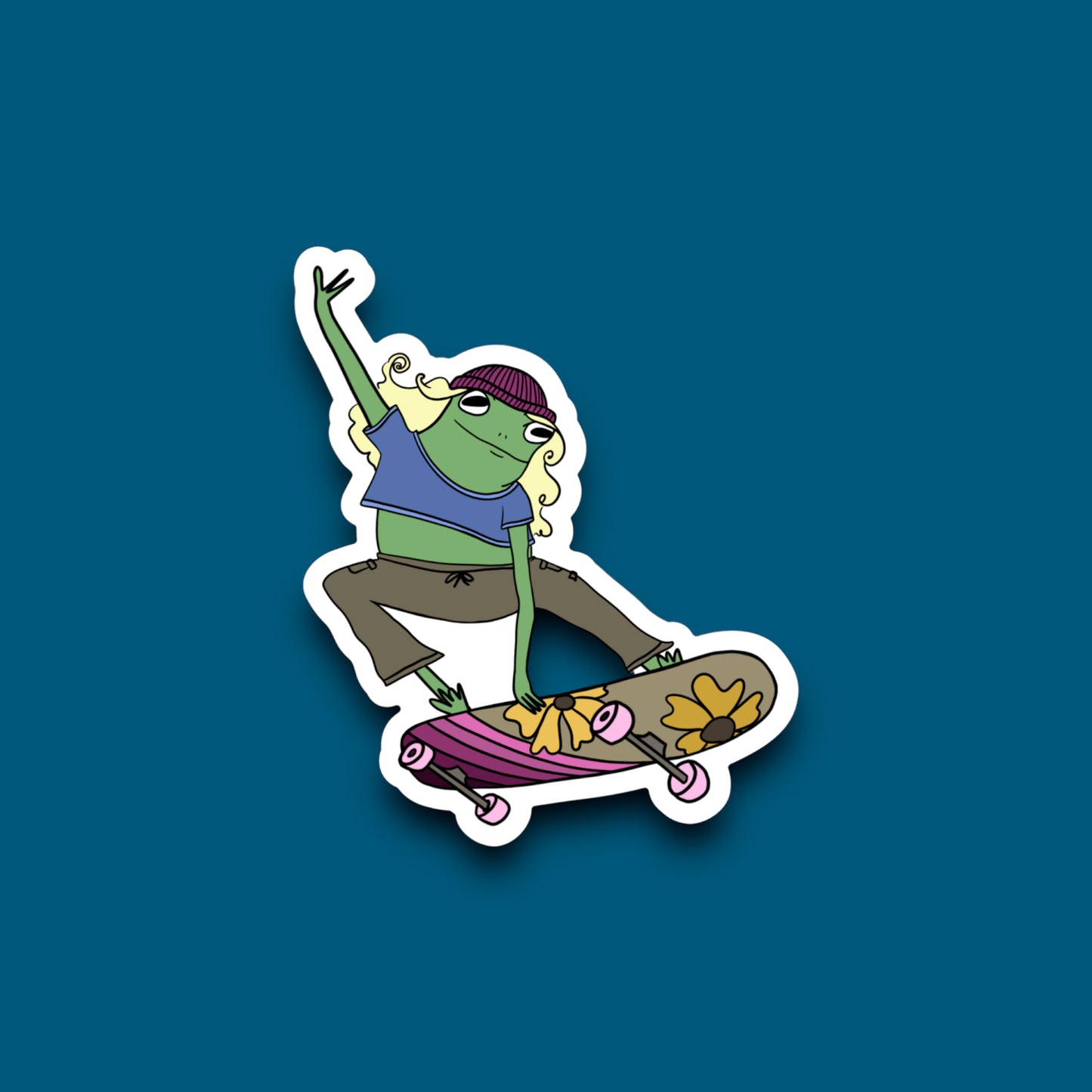 Skateboarding Chick Frog Sticker