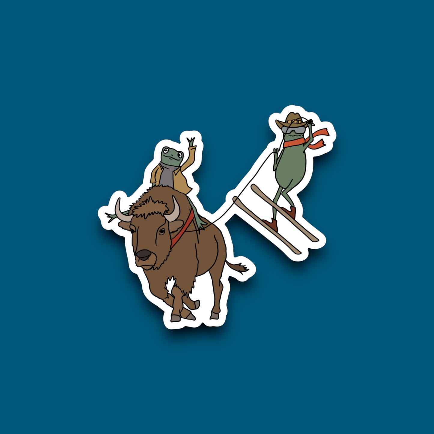Frog Skijoring Behind Bison Sticker