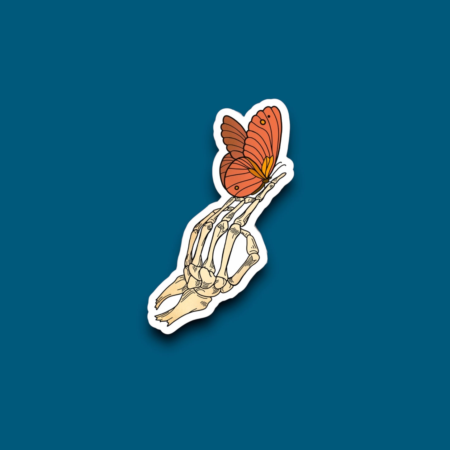 Skeleton Hand Orange/Blue Butterfly Sticker