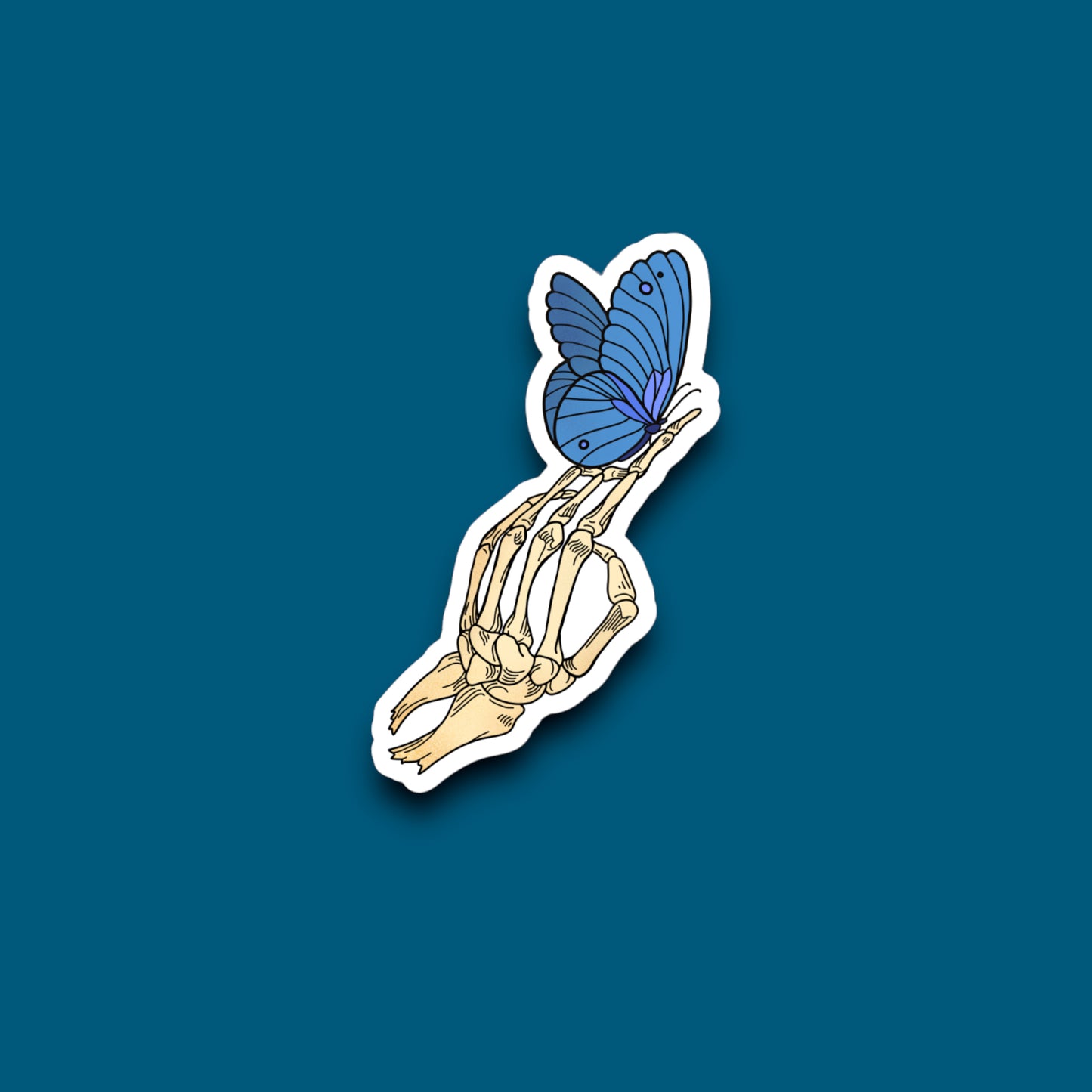 Skeleton Hand Orange/Blue Butterfly Sticker