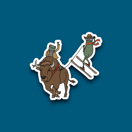 Frog Skijoring Behind Bison Sticker (Pack of 12)